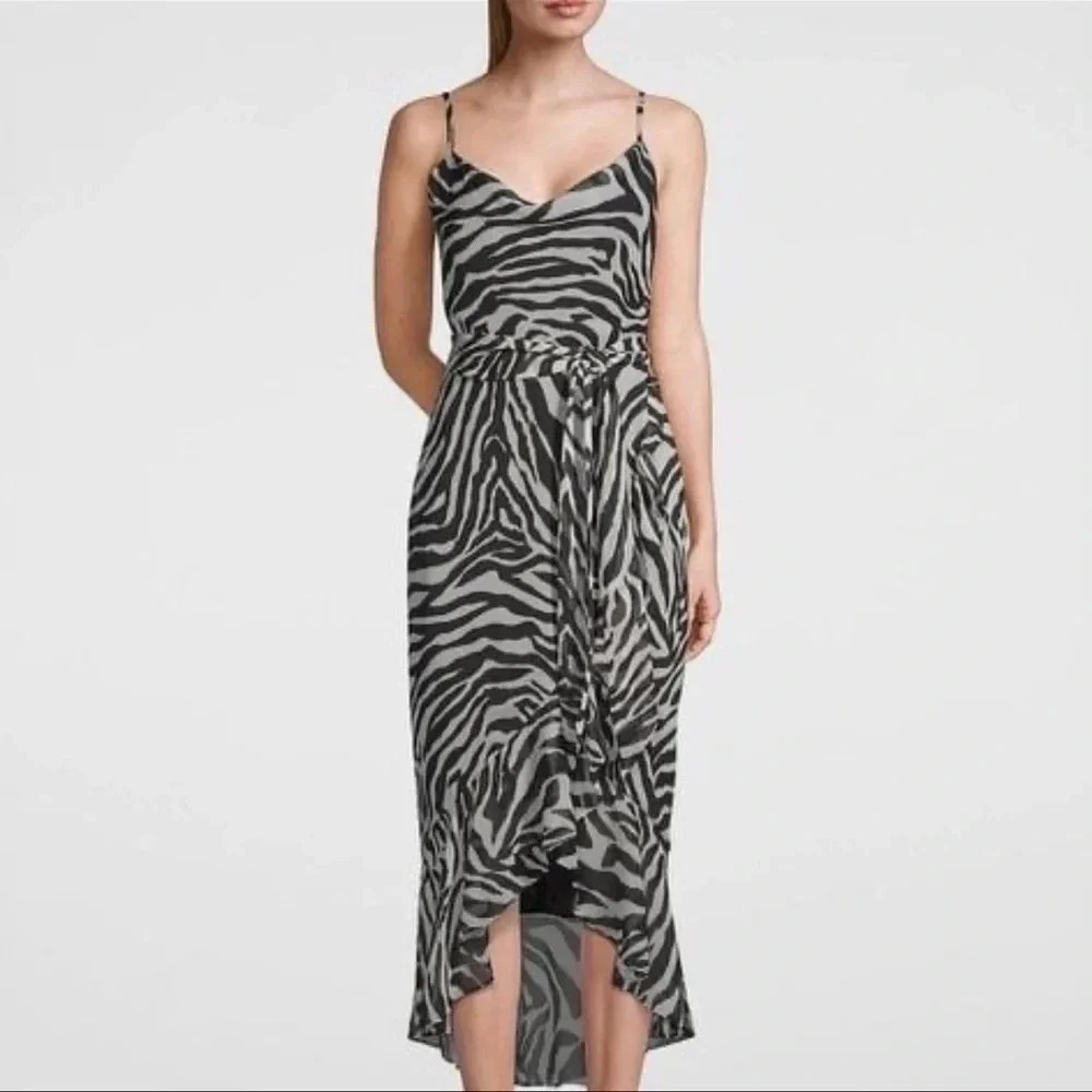 White House Black market Zebra Dress Spaghetti Straps Ruffle high-low Cowl 2